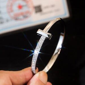 Silver T-Bar Pavé Crystal Bangle Bracelet - Women Jewelry